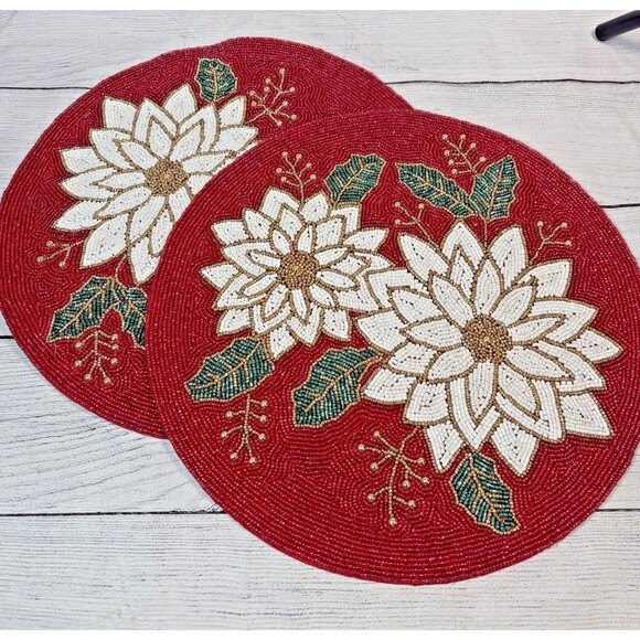 NICOLE MILLER POINSETTIA Beaded Placemat 15” Round CHARGER Set 2 Red Christmas - Picture 1 of 4